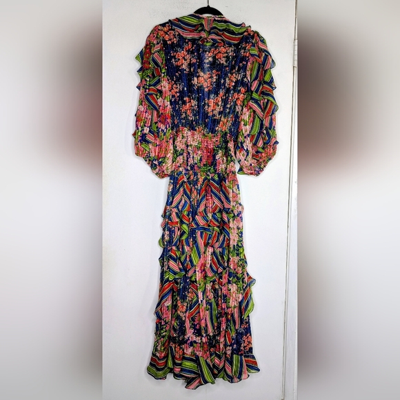 Diane Freis Vintage Georgette Maxi Dress Boho Floral Stripe Ruffle - Picture 2 of 4